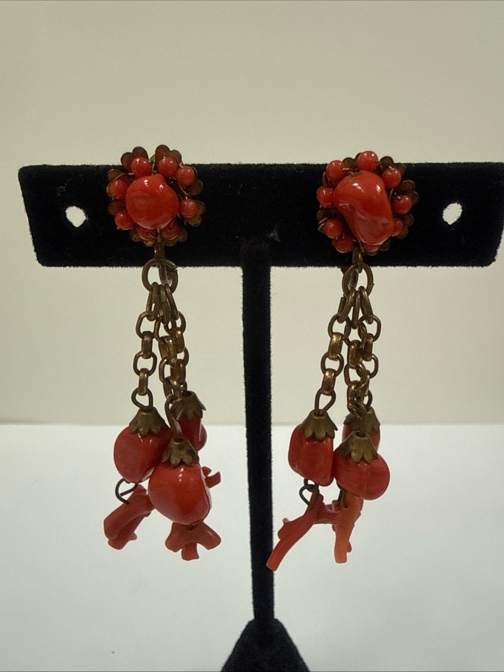 Vintage Signed Miriam Haskell Spazetti Coral 3 Strand Dangle Earrings